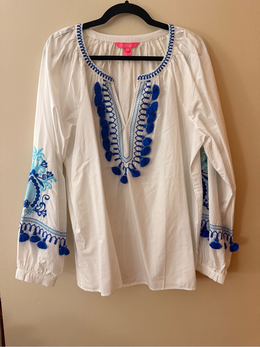 Lilly Pulitzer White Tunic with Cobalt Blue Embroidery and Tassels